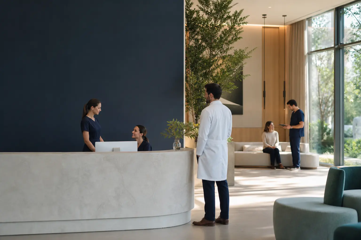 Equipe de uma clínica contemporânea conduz uma operação organizada e acolhedora.
